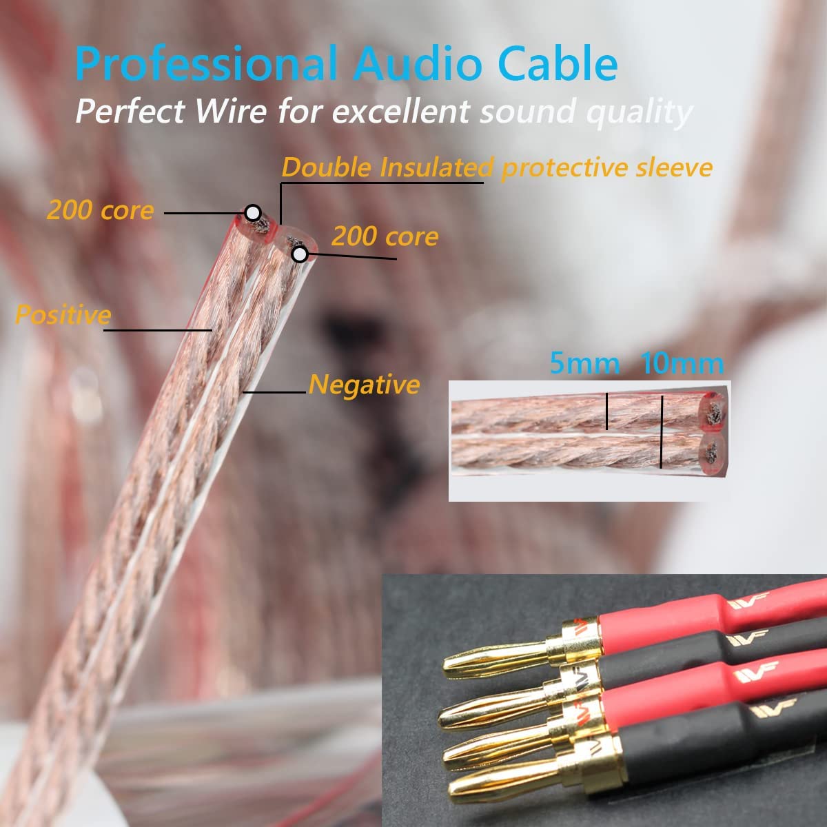 UCINNOVATE 2Pack 4m 13AWG Speaker Cable, Audiophile Grade Speaker Cable with Gold Plated Banana Plugs, Pre-Connected HiFi Copper Speaker Wire bi wired speaker cables for Home Theater (2X 4m / 13.12FT)