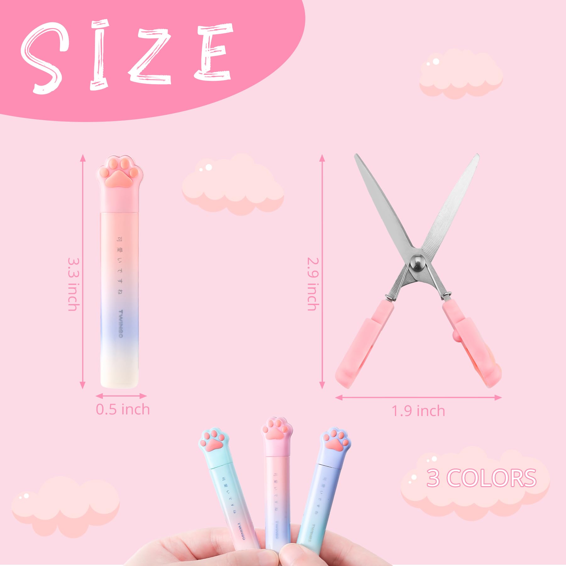 3 Pcs Cute Mini Cartoon Cat Paw Stainless Steel Craft Scissors, Folding Stationery Scissors with Safety Cover, Portable for Paper Cutting, Scrapbooking, Crafting