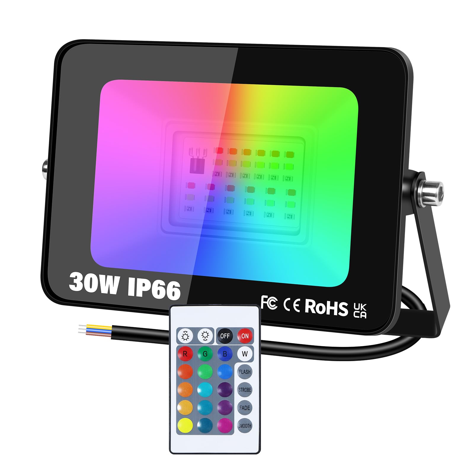 PICAA 30W RGB LED Floodlight, Dimmable Colour Changing Flood Light for Garden Party Stage Decorations, IP66 Outdoor Wall Work Lamp