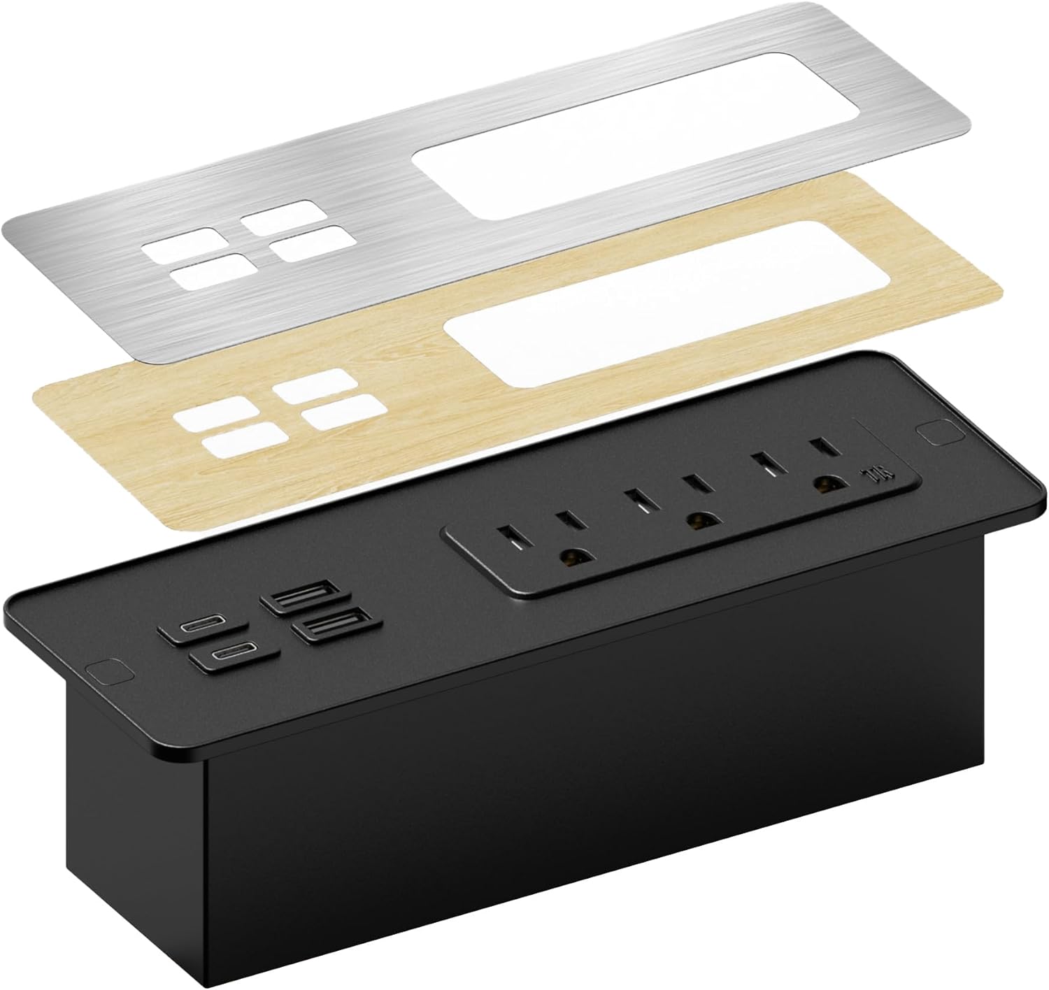 Electriduct Flush Mount Power Strip Surge Protector 65W Fast Charge 2X USB-C + 2X USB-A, 3X AC Outlet Recessed Desk Power Center Laptop Charger - Black/Silver/Wood Finish
