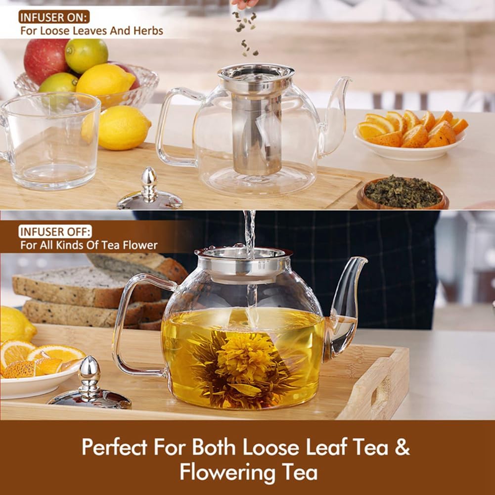 Teiera Nel Vetro Da 1000 Ml Con Infusore Rimovibile, Bollitore Per Il Te Sicuro Sul Piano Cottura Set Per Te Nel Fiore E Foglie Sfuse~p220218195