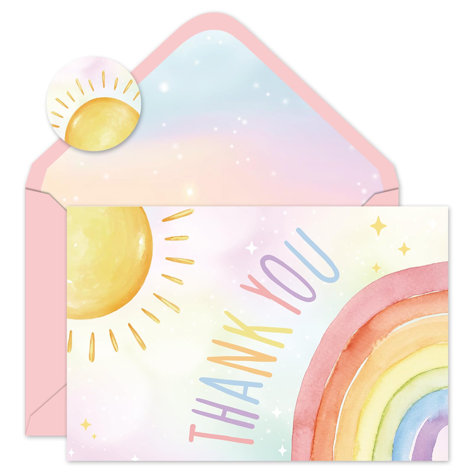 FYSUIMU 24 Pack Boho Thank You Cards Colorful Boho Sun Rainbow Blank Note Cards with Envelope Stickers Greeting Card for Summer Wedding Birthday Baby
