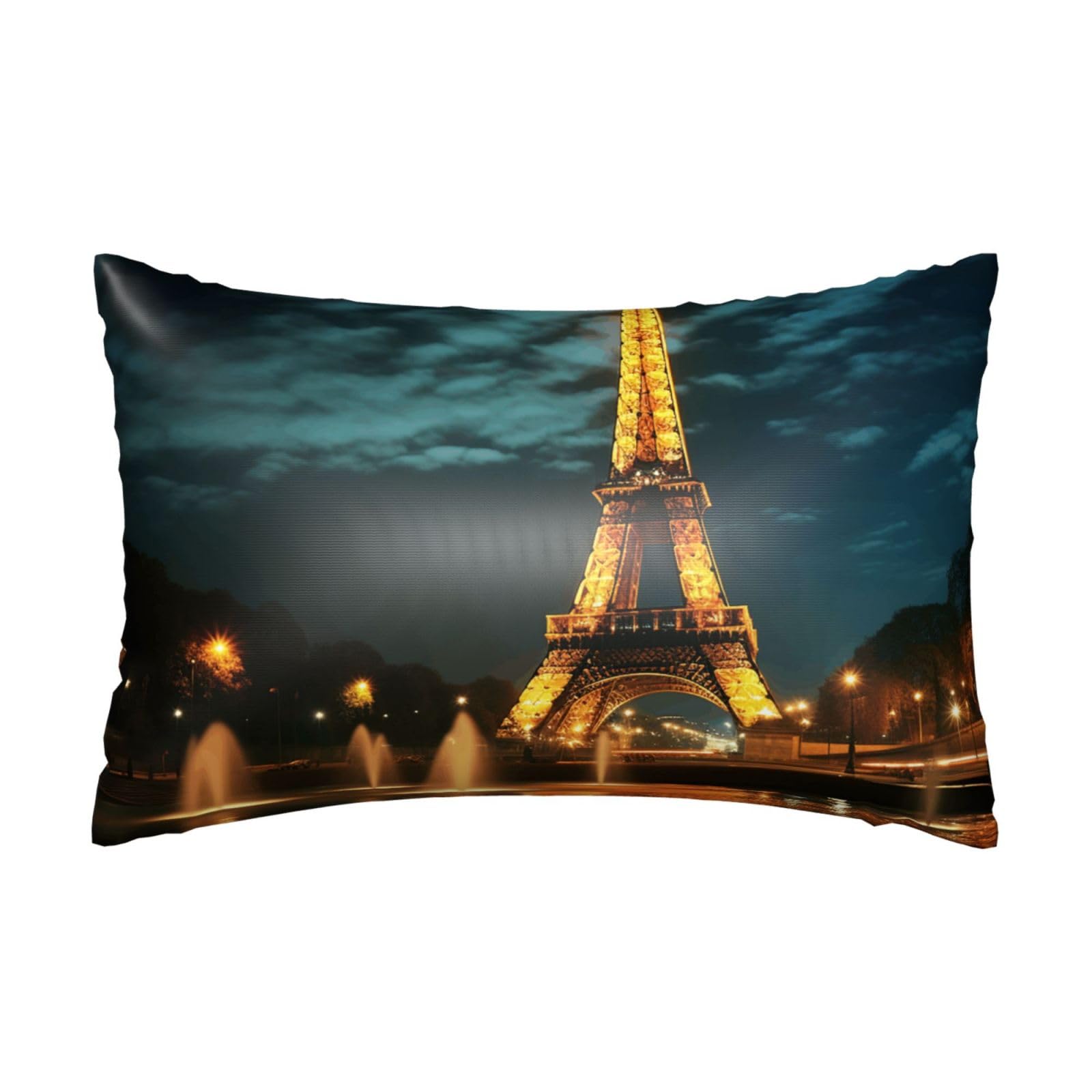 Satin Pillowcase for Hair and Skin,Soft Breathable Silk Pillowcase Eiffel Tower Night View Cooling Pillow Cover with Hidden Zipper Queen Size Cushion Case for Bedroom Sofa 20”X30”