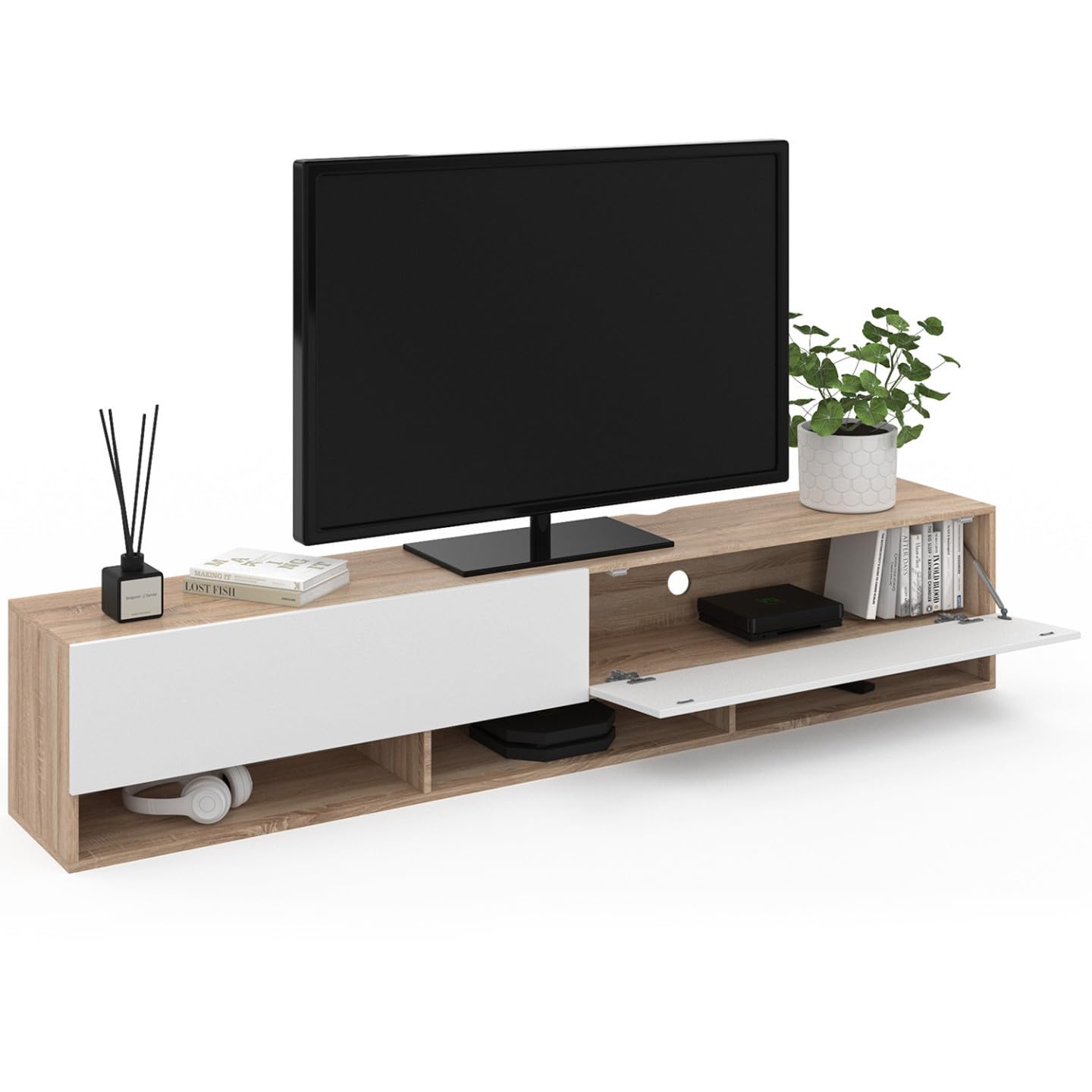 IDMarket - Mueble TV 180 cm Colgante Elio 2 Puertas con estante, Madera y Blanco