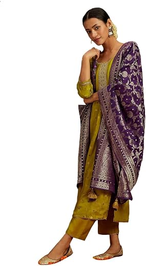 Libas Womens Self Design Silk Straight Kurta Trouser with Dupatta Set