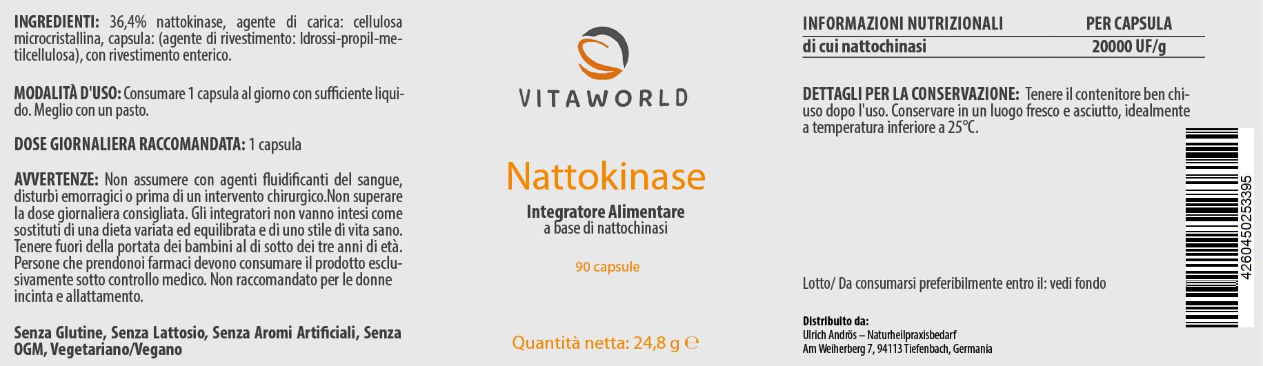 Pack di 3 Vita World Nattokinase 100mg 2000 FU 3 x 90 Capsule I Vegano I Made in Germany I La fonte vegetale di plasmina