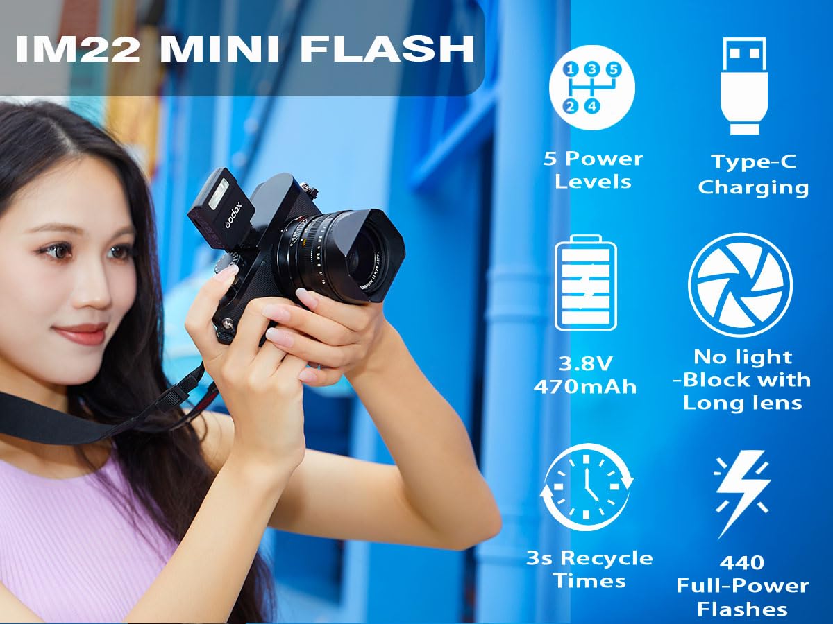 Flash Godox iM22 Mini Speedlite de Cámara, 5 Niveles de Potencia, 440 Destellos a Potencia Completa, Carga USB-C, Compatible con Ricoh GR III, Ricoh GR III X, Canon Sony Nikon Pentax Panasonic Olympus