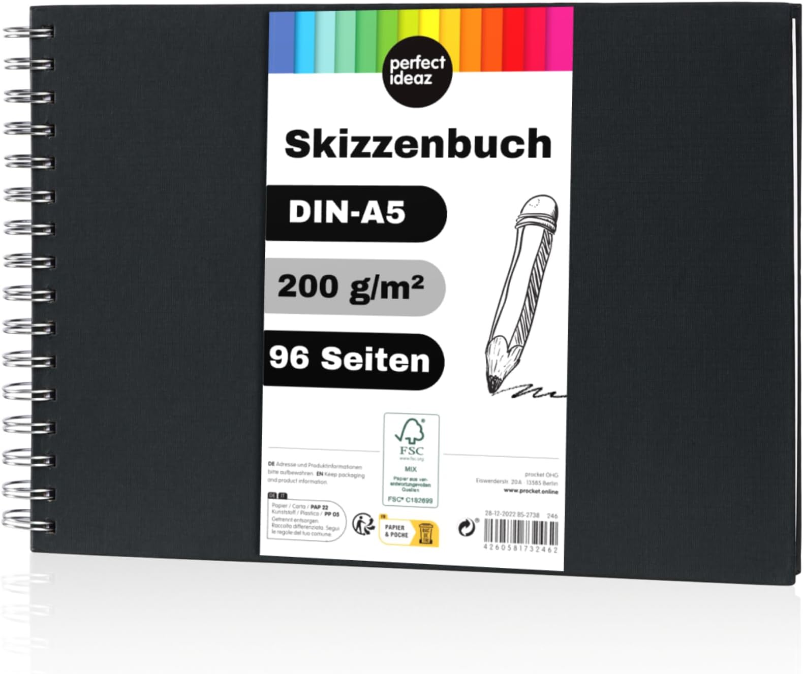 perfect ideaz DIN-A5 Sketch Book 96 Pages (48 Sheets), Professional Drawing Block, Black hardcover, Spiral Binding Book with White Blank Paper, 200 g, Blank Sketch & Black Book for DrawingThe Forest Stewardship Council