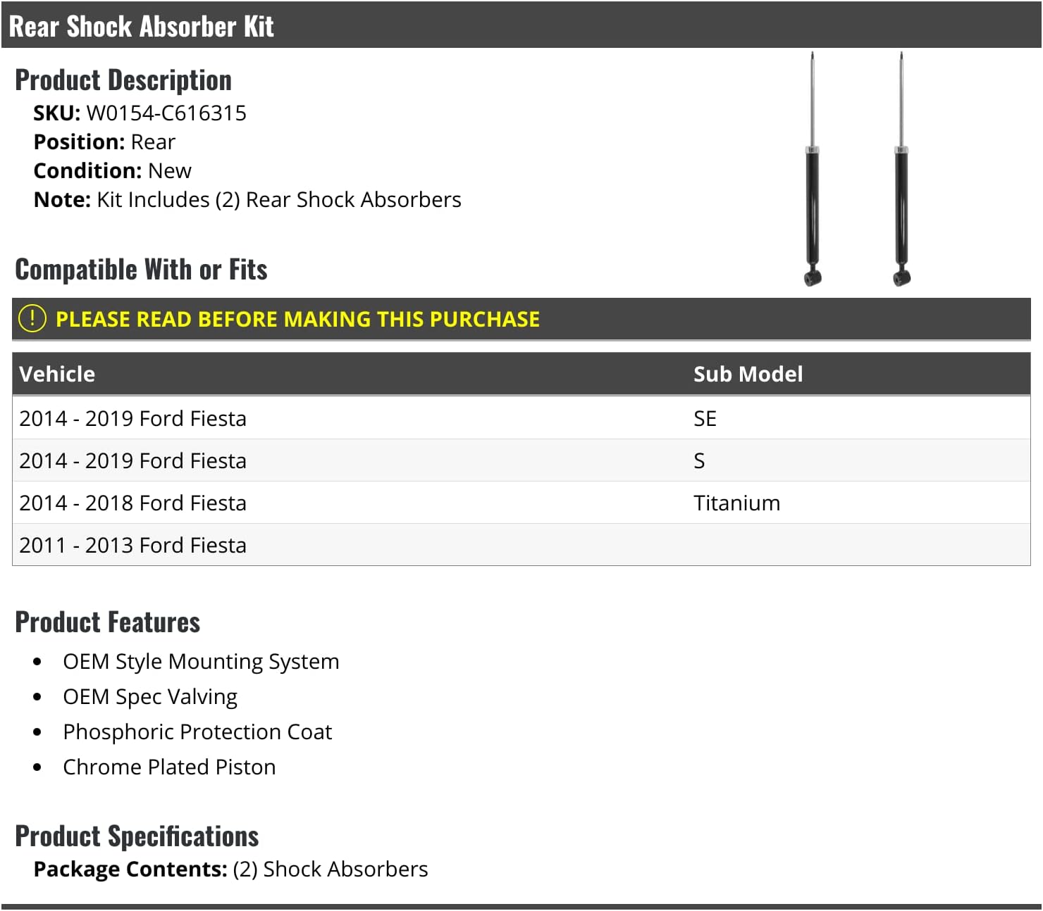 Rear Shock Absorber Kit - 2 Piece - Compatible with 2011-2019 Ford Fiesta