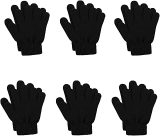 ONEREED 6 Pairs Kids Winter Magic Stretchy Knit Gloves - Unisex Black Warm Gloves for Toddlers Boys Girls Under 8