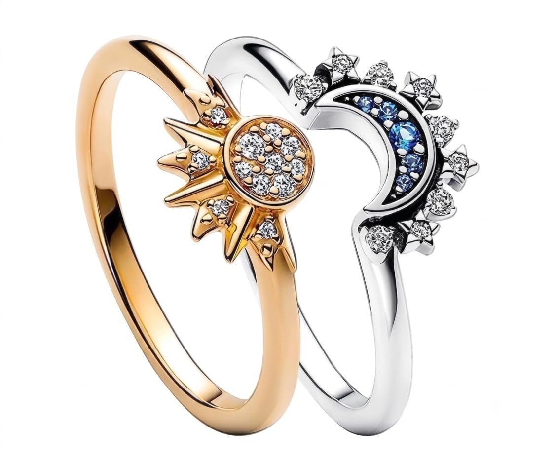 Sun and Moon Celestial Stacking Ring Set, Gold and Silver Tone with Blue and White Crystal Embellishments-image-49