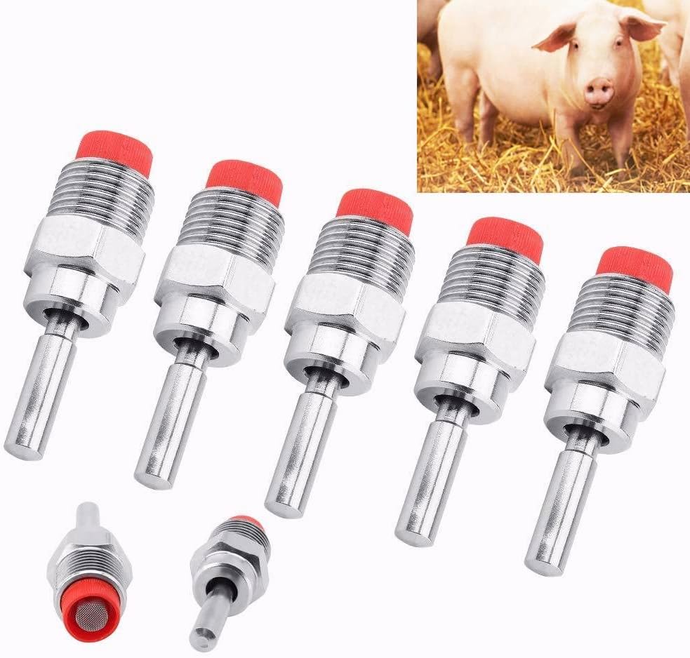 5 Pieces Automatic Pig Waterers Thread Stainless Steel Pig Waterer Nipple Fountains Drinkers with Red Hat Long Rod Water Trough for Sows Piglets Drinking Water