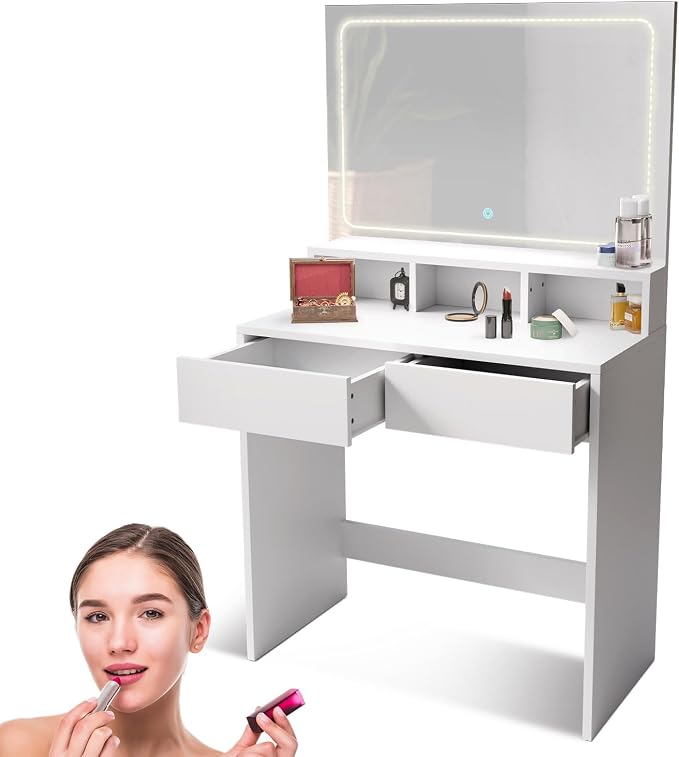 Juskys Coiffeuse Samira avec Miroir LED Tactile, 5 tiroirs, Grand Espace de Rangement, Design Moderne, compacte & Facile d'Entretien – Blanc/Or