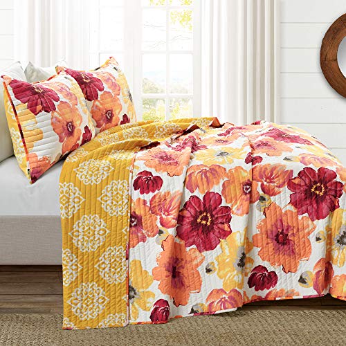 Image of Lush Decor Leah Reversible Floral Quilt Set, 3 Piece Set, Full / Queen, Red & Orange - Watercolor Botanical - Cottage Core - French Country Decor- Bedding Queen Size