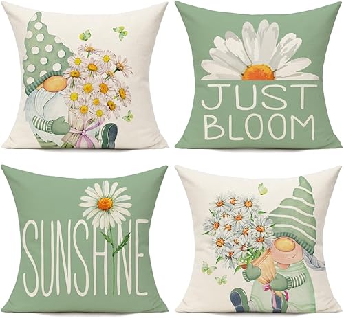 All Smiles Juego de 4 fundas de almohada de primavera verde de 18 x 18 pulgadas, fundas de cojín decorativas de verano para exteriores, decoración