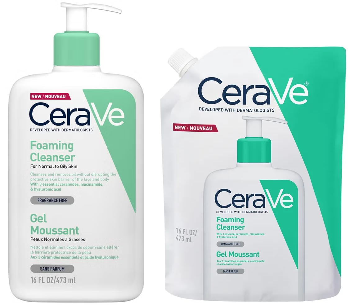 CeraVe Nettoyant moussant avec recharge – Avec acide hyaluronique, niacinamide et 3 céramides essentielles – Gel nettoyant quotidien pour peaux normales à grasses (473 ml + recharge de 473 ml)
