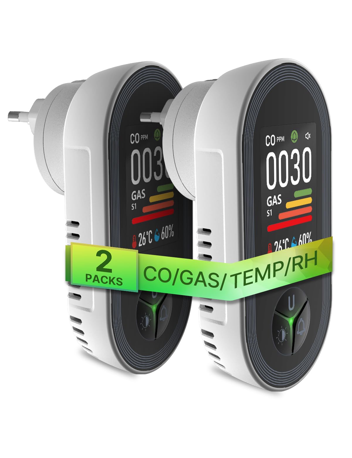 MOES Kohlenmonoxid- und Gasmelder mit Stecker, 4-in-1 CO-Melder mit Temperatur- & Luftfeuchtigkeitssensor, mit akustischem Alarm für LPG, Propan, Methan, Ethan & CO – für Haus & Wohnmobil geeignet