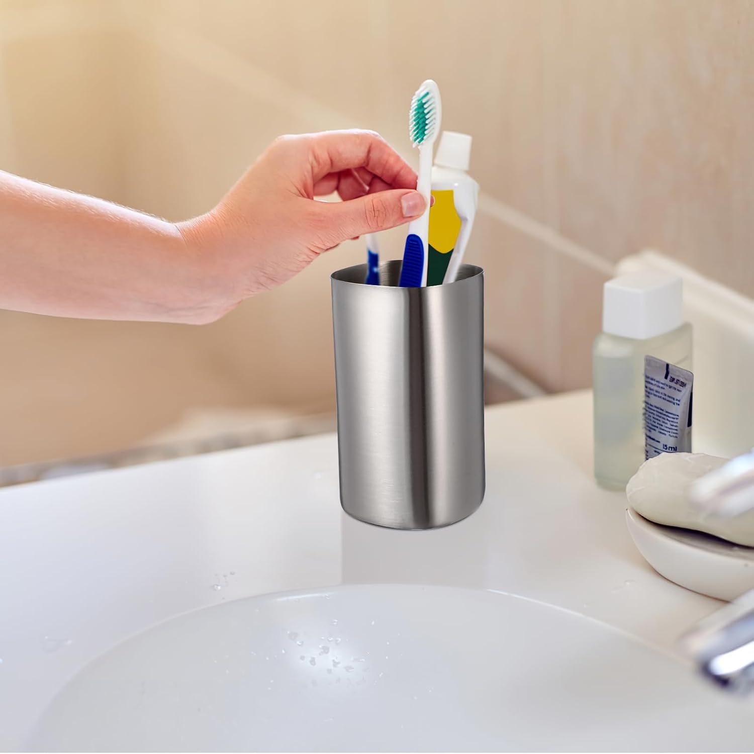 DOITOOL Stainless Steel Tooth Brush Cup Set 2-Pack Bathroom Tumbler for Men Women Metal Toothbrush Holder Water Cup 4.88X2.44X4.33In