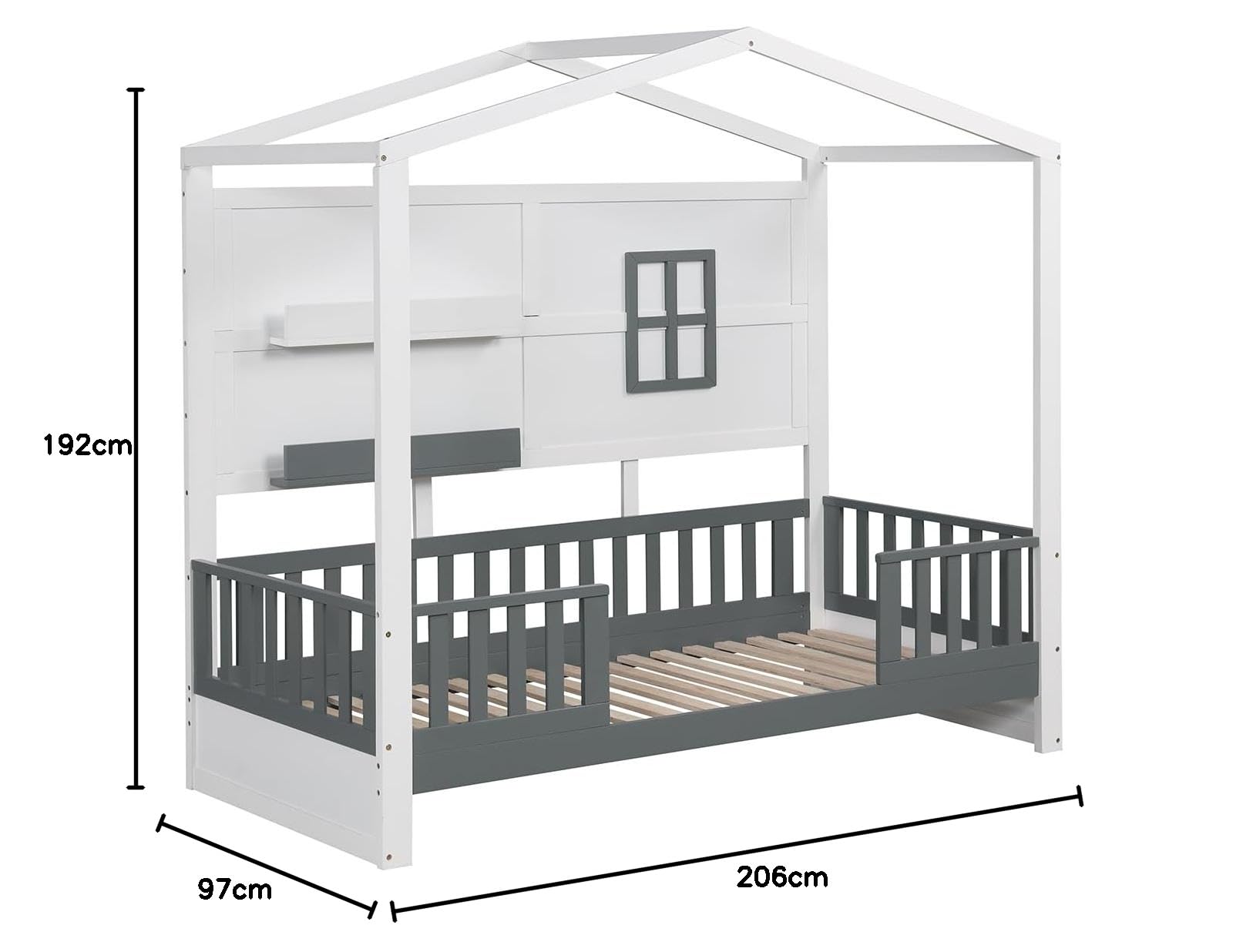 GYMAX Struttura Letto per Bambini, Carico 180 kg, Letto Singolo Montessori a Terra con Recinzione, 18 Doghe in Legno e 2 Mensole di Stoccaggio, Letto a Piattaforma in Stile Casetta, 206 x 97 x 192 cm