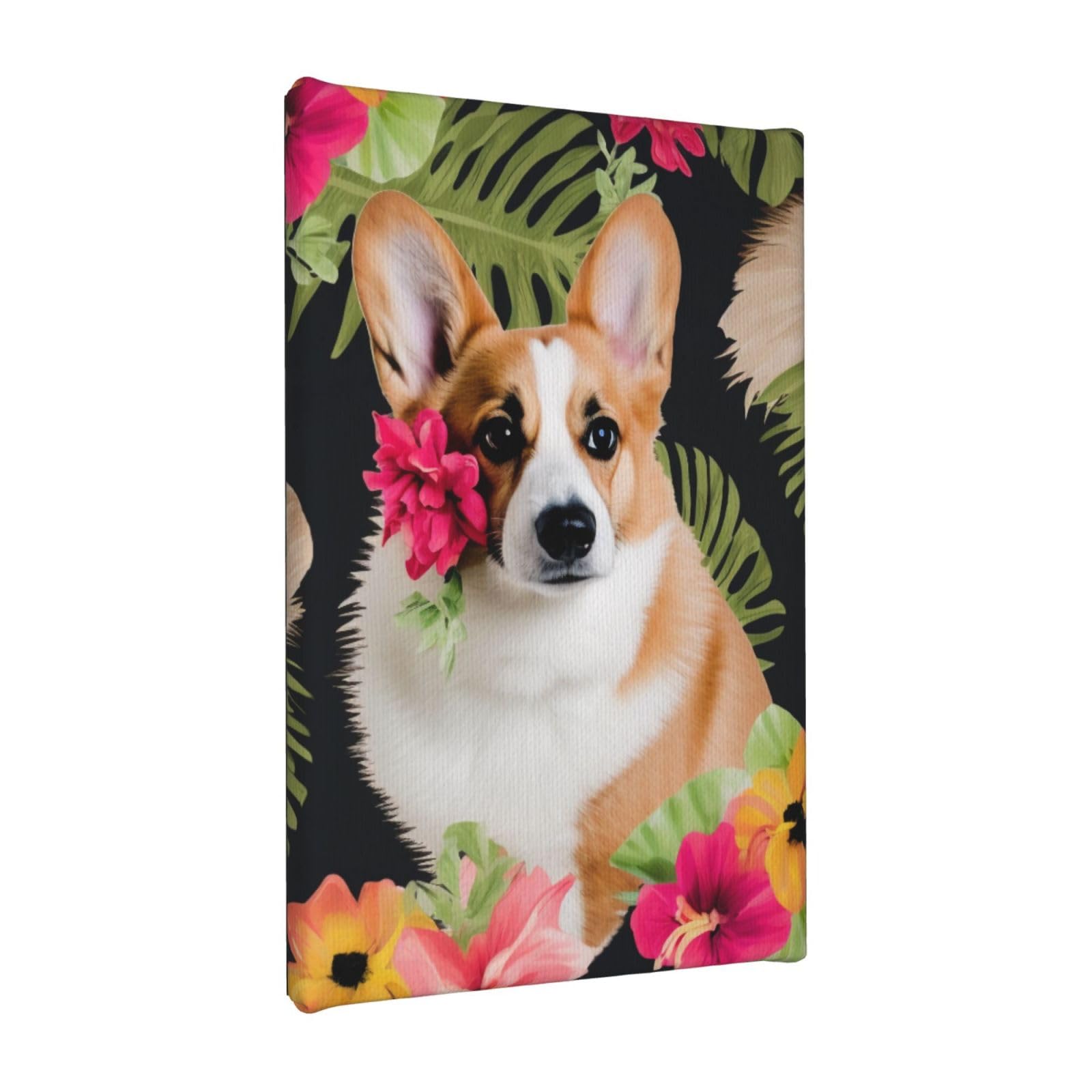 YKLJG tropical flower and corgi Printed Wall Art Canvas Painting 20x30 CM Wooden Framed Picture Painting Artwork Prints for Bedroom Kitchen Home Office Decor