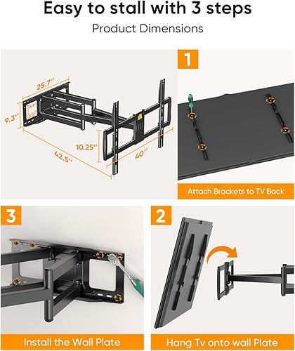 Miniatura 9 de FORGING MOUNT Soporte de pared para TV de brazo largo con extensión de 42.9 pulgadas y regleta de alimentación para televisores de 60 a 120