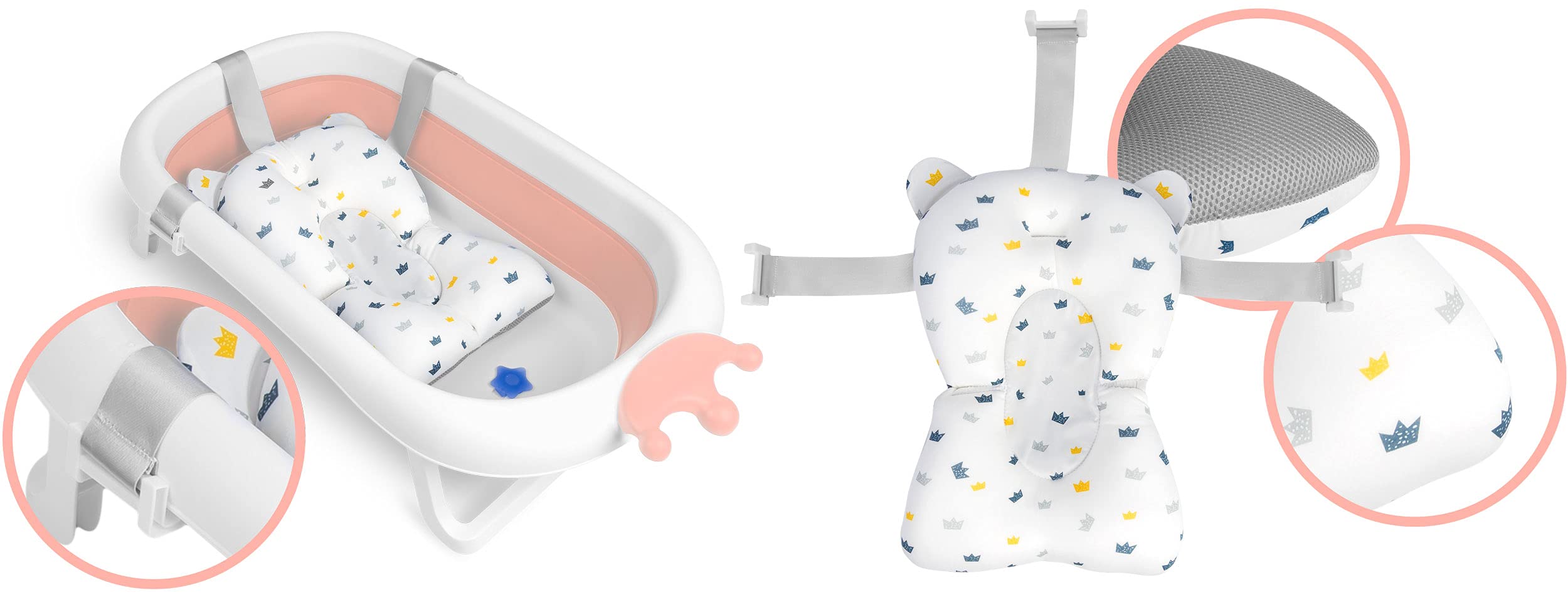 Ricokids Bañera Bebé Plegable Ligera Con Patas Antideslizantes Almohadilla De Baño Termómetro Integrado 0-6 Años 0-45 kg Blanco Rosa