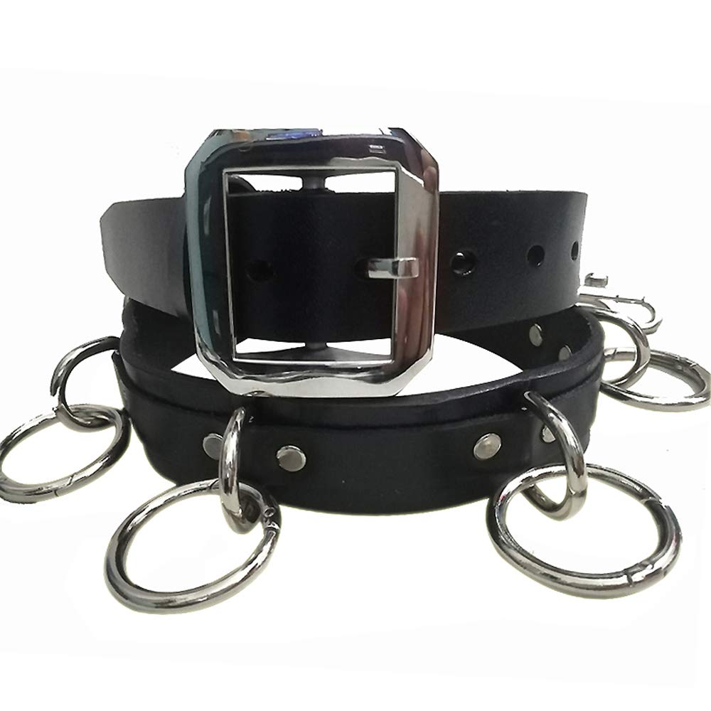 Circle Metal Ring Attached Leather Punk Belt, Black, X-Large