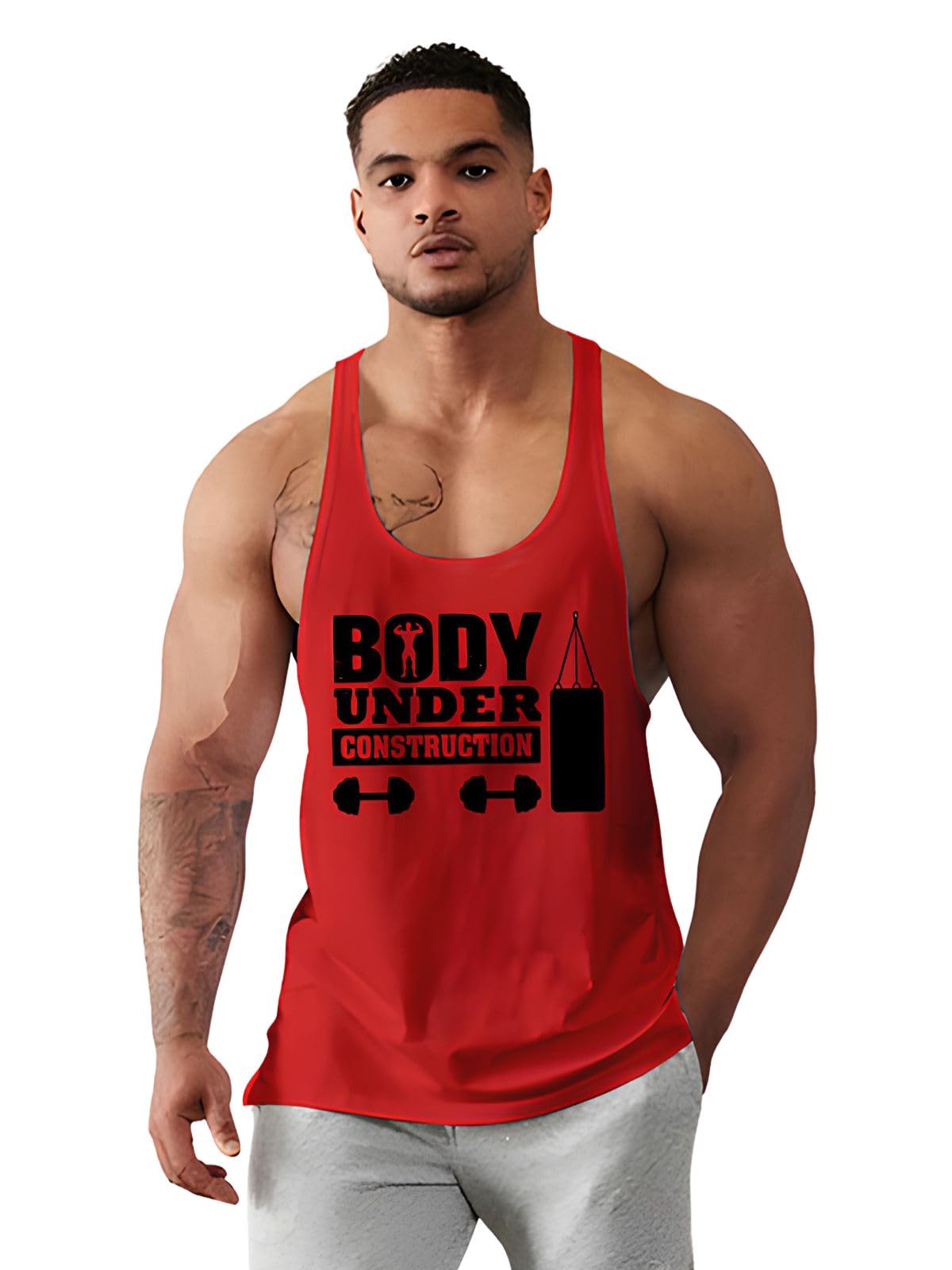 BAB Men Gym Scoop Neck Vests | Polyester | Regular Gymwear Vests for Male | Body Under Construction Print-image-6