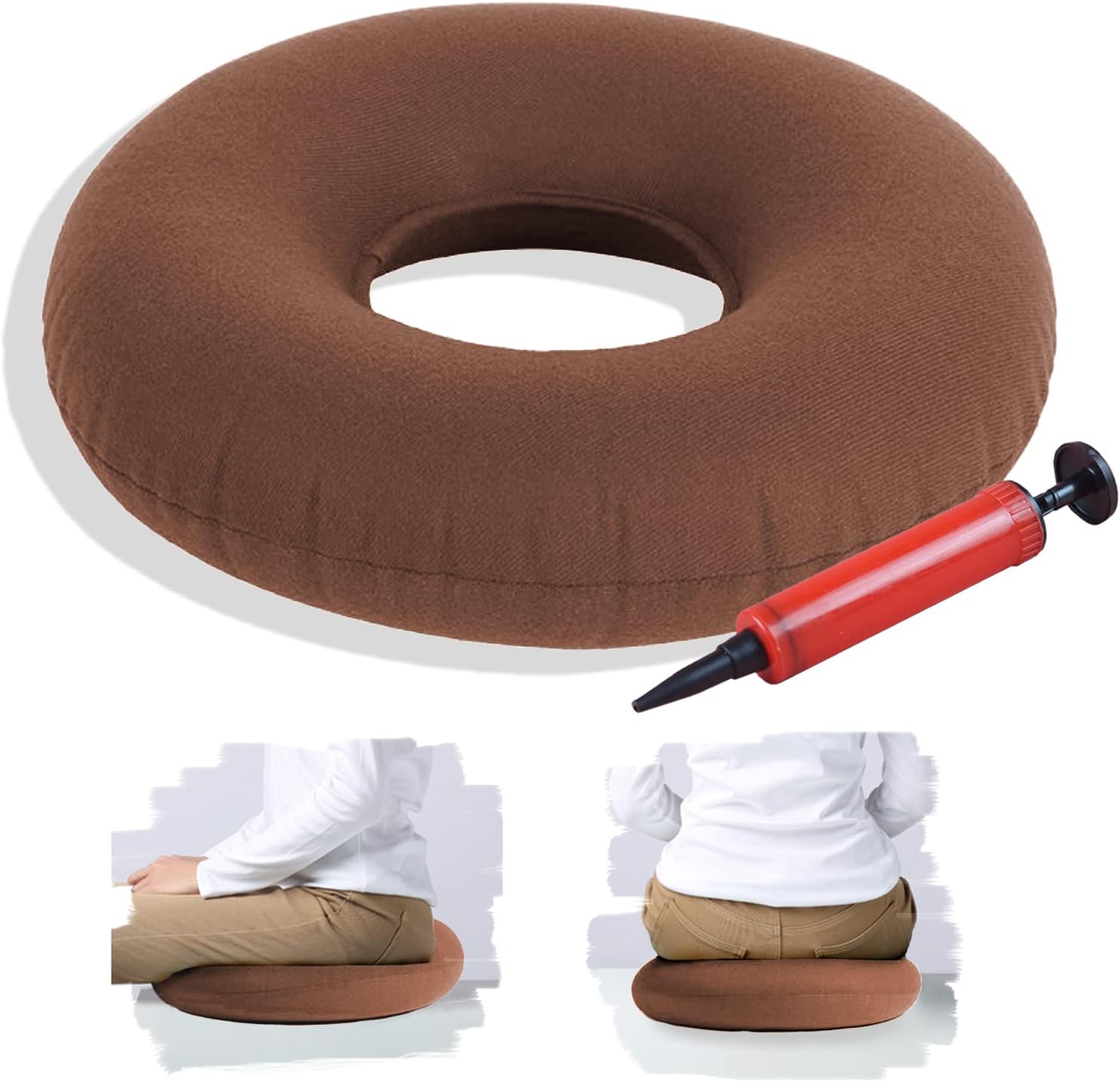 TUAKIMCE Inflatable Donut Ring Cushion, Hemorrhoid Seat Pillow, Round Wheelchairs Seat Cushion, Portable Inflatable Seat Donut Pillow Cushion for Home, Car or Office - Air Pump Included (Coffee)