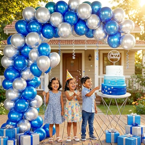 Image of Party Propz Blue And Silver Balloons for Decoration - Pack of 50 Pcs Balloons for Birthday | Space Theme Birthday Decoration | Blue Balloon for Decorations | Metallic Balloon for Decorations (Latex)