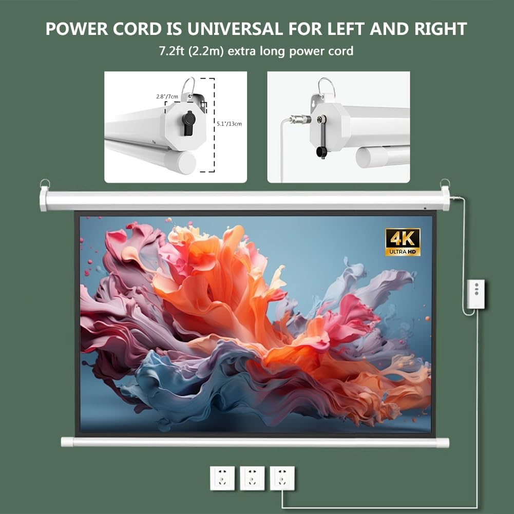 Schermo per proiettore motorizzato da 60, 72 e 84 Pollici con Telecomando, Bianco Opaco 4K, Montaggio a Parete/soffitto per Home Theater, Ufficio, Aula (72" (4:3))