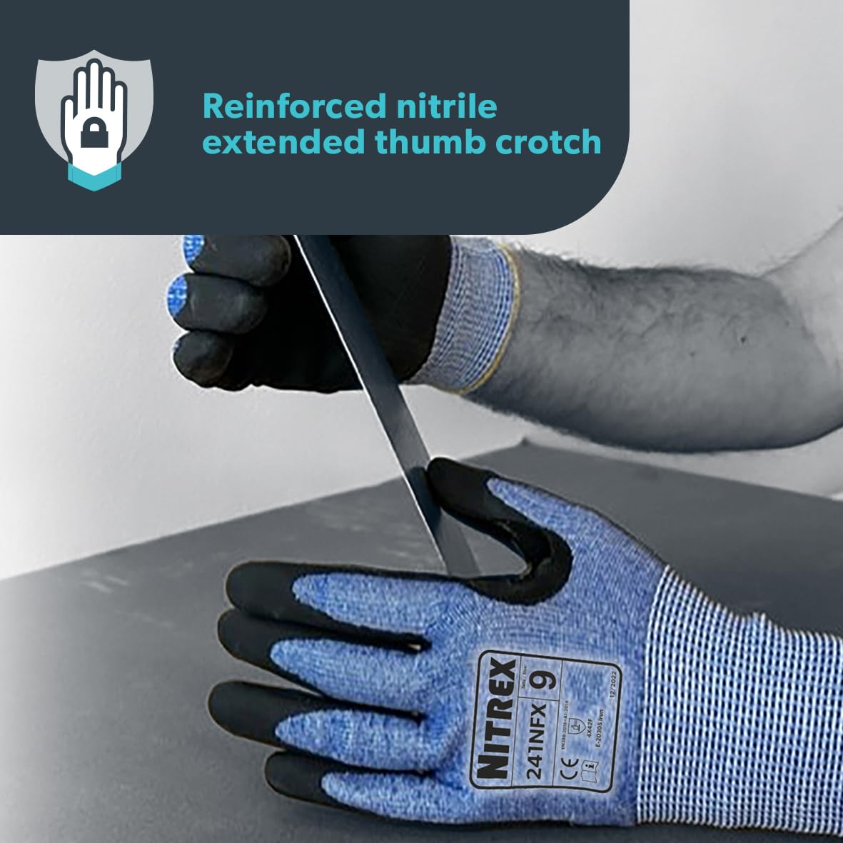 NITREX Unigloves Lot de 10 paires de gants de manutention généraux résistants aux coupures avec revêtement en nitrile sablonneux sur la paume, technologie NitreGuard et technologie NitreGrip Noir/bleu
