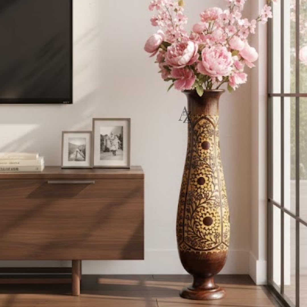 Wooden Floor Vase with Floral Carving | Antique Finish Decorative Vase for Home Decor | Tall Wooden Flower Vase for Living Room, Bedroom & Hallway Small-image-38