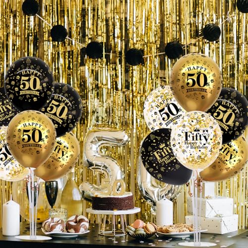 Image of TONIFUL 4 Set Black Gold 50 Printed Balloon Stands for 50th Birthday Decor