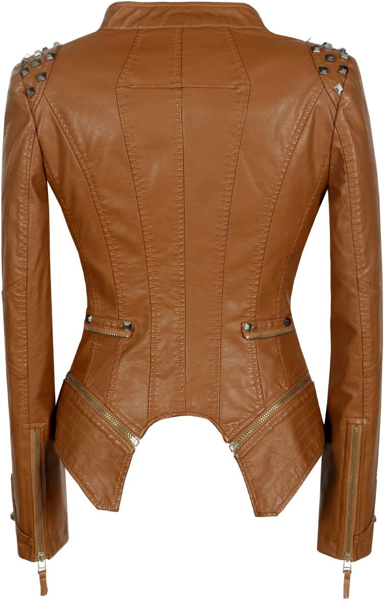 Women's classic large lapel dovetail rivet leather jacket casual personality fashion sexy punk motorcycle jacket