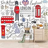 Msrahves fotomurales decorativos pared Dibujos animados cabinas telefónicas autobuses Londres Papel Pintado Pegamento Fotomurales Vista 3D Sala Living Oficina Dormitorio Foto Mural Pared 3D Fotomurale
