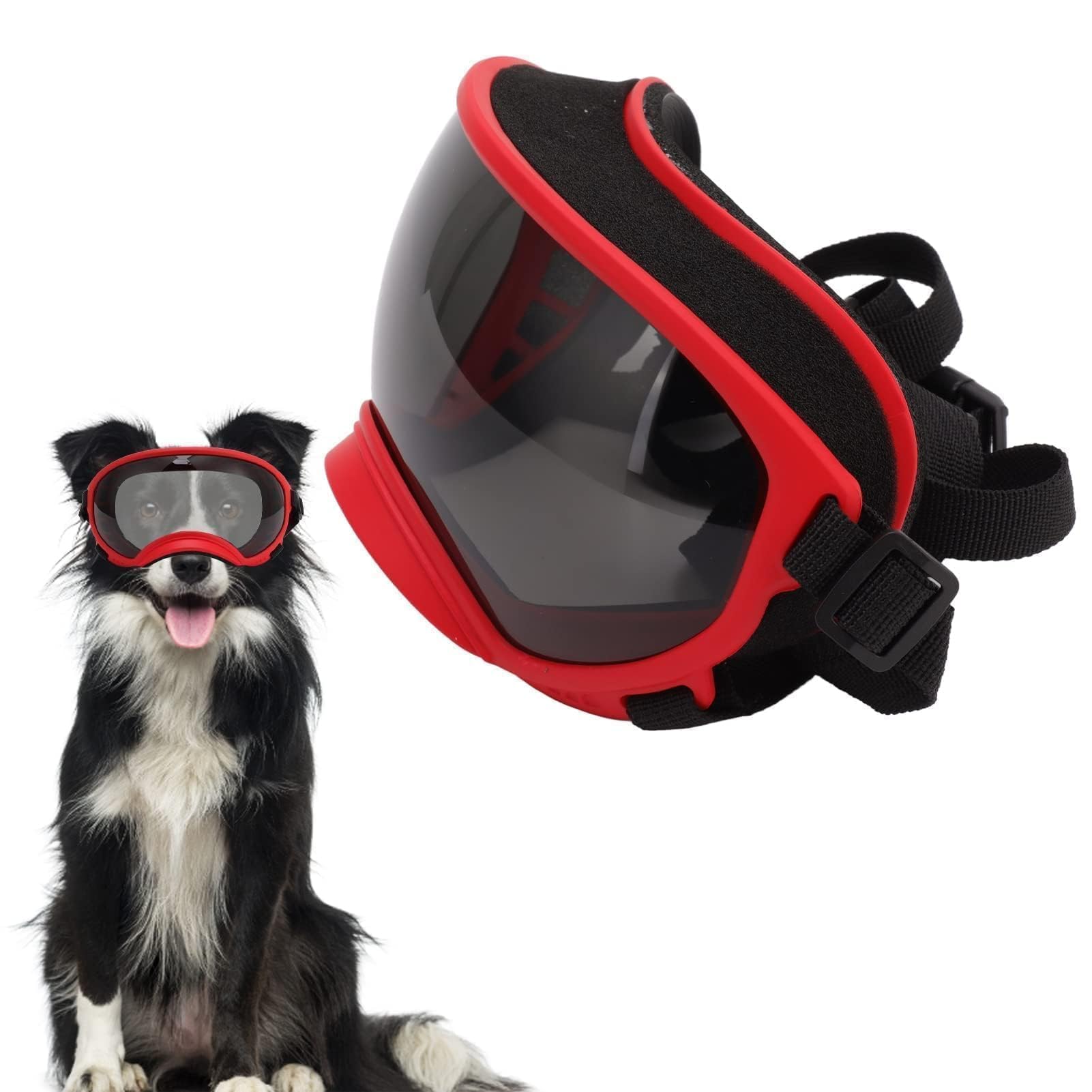 VBESTLIFE Gafas para Perros, a Prueba de Viento y Rayos Ultravioleta, Correa Ajustable, Gafas de Sol Duraderas para Perros Grandes (Montura Roja y Gafas Negras)