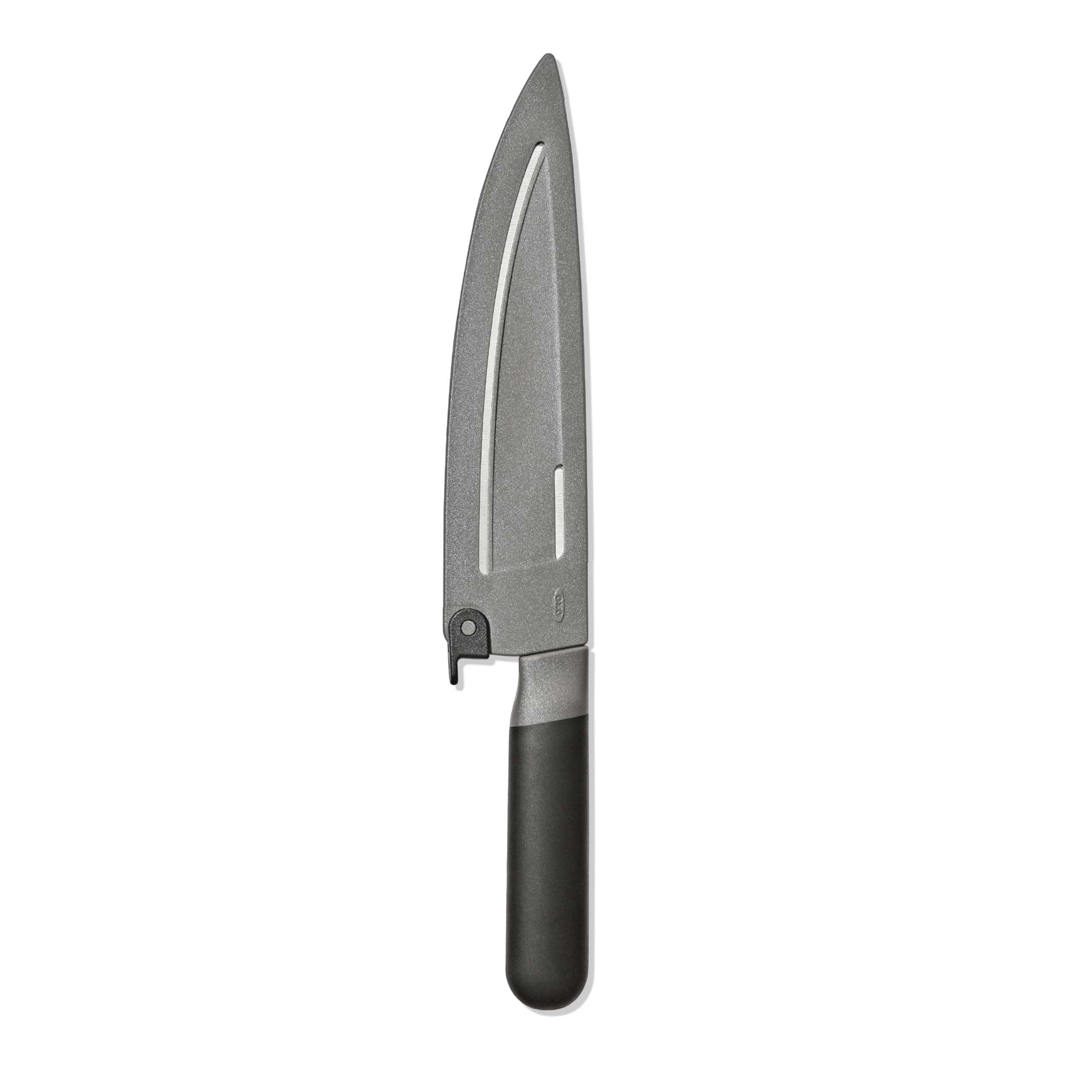 OXO Good Grips 8 in Chef’s Knife with Locking Sheath, Sharp Stainless Steel Kitchen Knife for Chopping, Dicing, and Mincing Herbs and Meat, Cooking Essential with Protective Cover