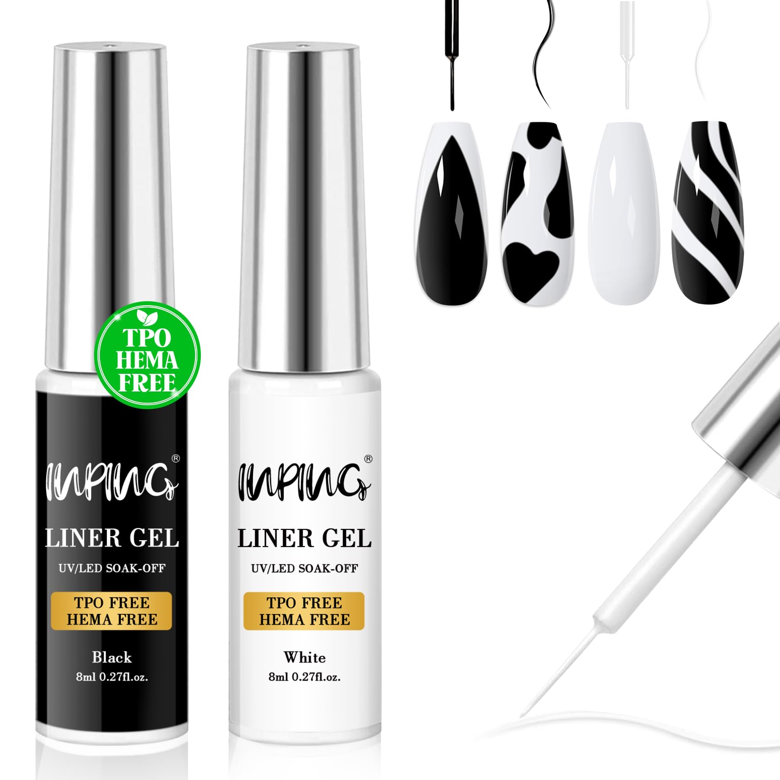 INPING 2 szt. Liner Gel Nail Art, TPO-FREE HEMA-FREE, 2 kolory biały i czarny liniowy lakier półtrwały, lakier żelowy UV, lakier do paznokci, francuski manicure dla początkujących, 8 ml