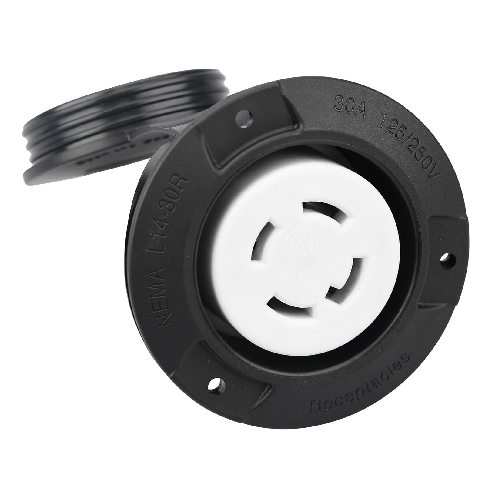 Old view of the Veepeak L14-30R flanged outlet with the weatherproof cap open, showing the locking receptacle.