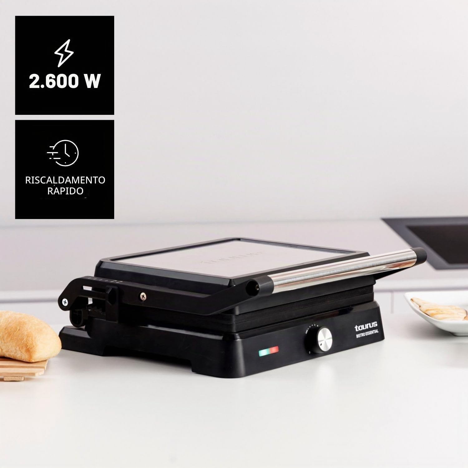 Taurus - Grill Essential 2600W | 2 en 1: Grill y Plancha | Placa 29x23 cm | Revestimiento Antiadherente sin PFOA | Bandeja recogegrasa | Termostato ajustable | Cool Touch y bloqueo seguro