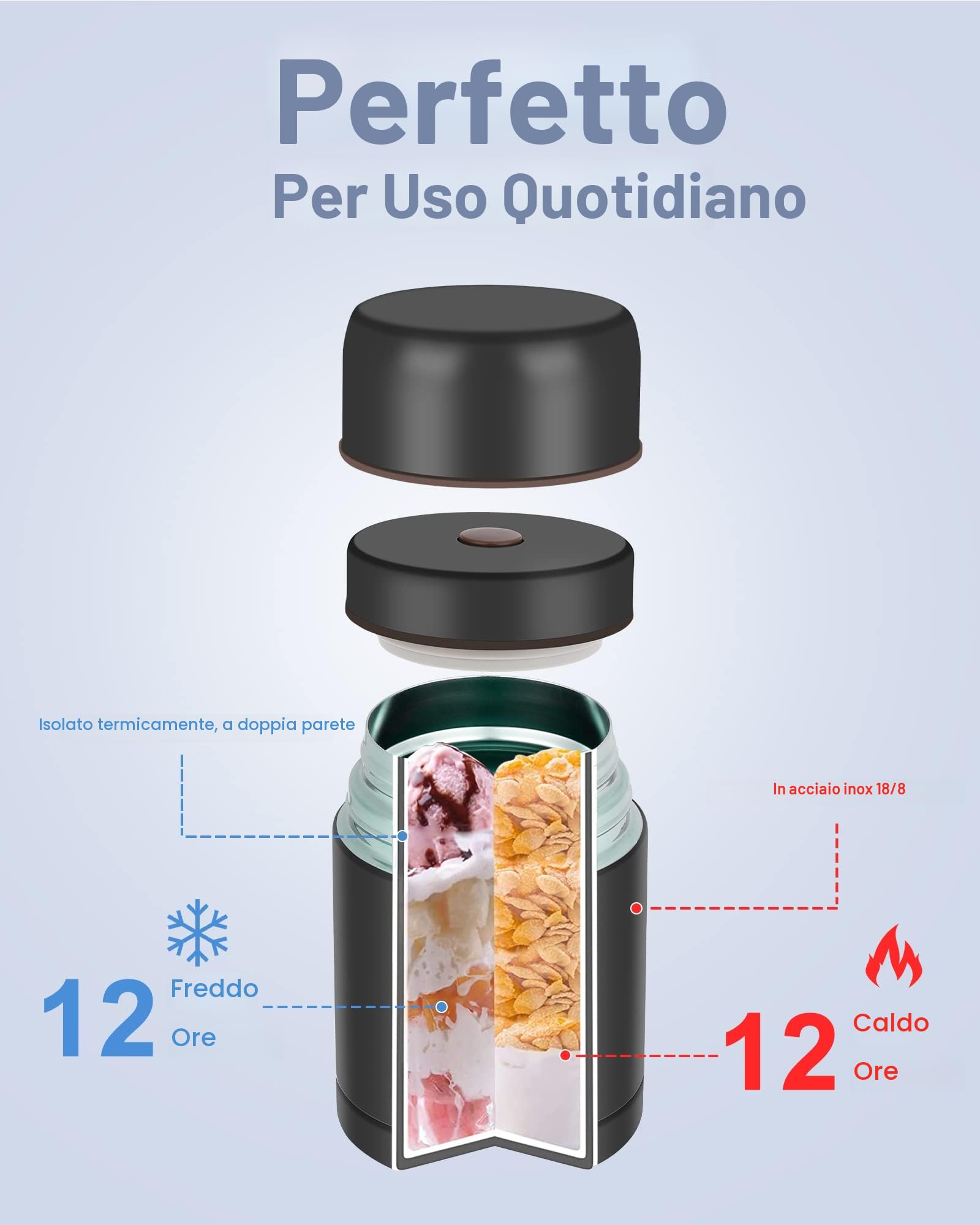 Dreamhigh® Termos per Alimenti 800 ml, Contenitore Termico per Alimenti Caldi, Thermos Pappa Neonati Acciaio Inossidabile con Sacchetto Isolante e Cucchiaio, Portavivande per Zuppa, Pasta (Nero)