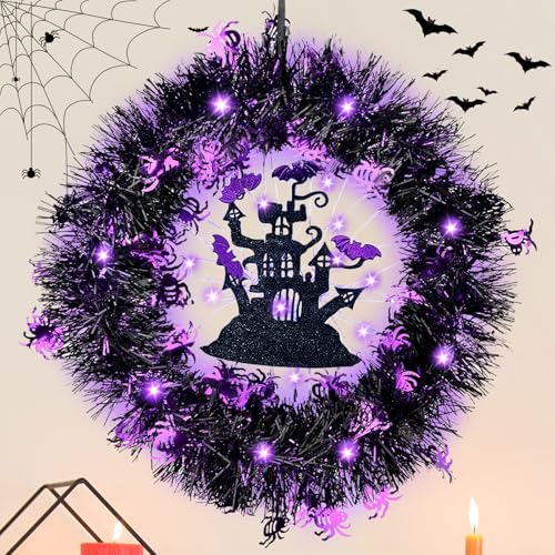 XUNIVERS 35 cm coroa Halloween porta, grinalda de porta de Halloween com luzes LED, grinalda de decorações de Halloween, decoração de Halloween, para porta, casa, festa, jardim