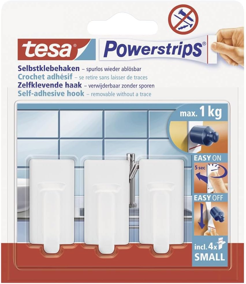 tesa UK Powerstrips Hooks Small Rectangle Removable Self-Adhesive Wall Hook for Glass, Tiles, Wood, Plastic and Other Surfaces - Waterproof - White - Strong Hold up to 1 kg