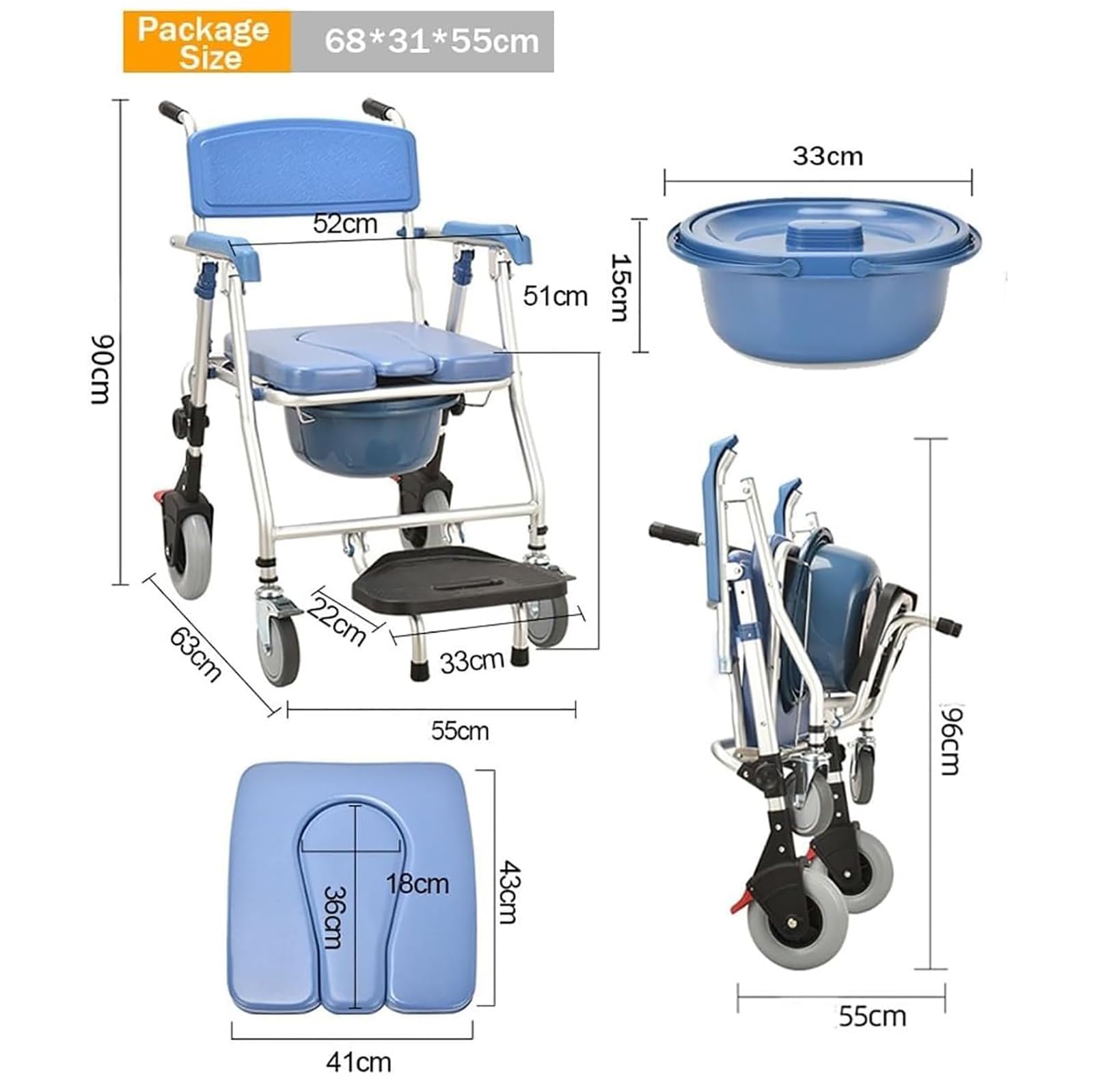 Silla de inodoro plegable portátil 3 en 1, silla de ruedas, cama plegable con bandeja y 4 ruedas con bloqueo(B)