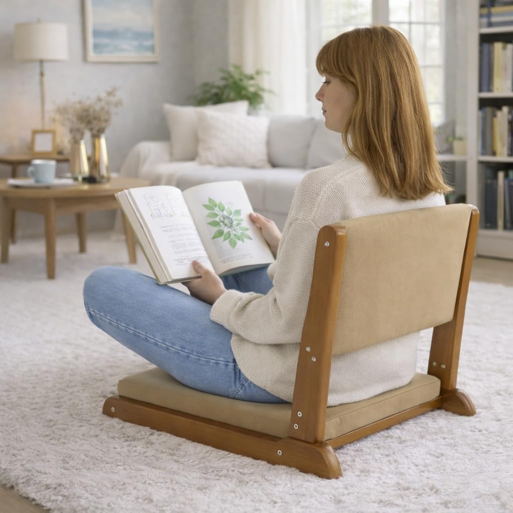 HollyHOME Foldable Tatami Chair, Upholstered Japanese Style Floor Seat, Wood Legless Back Rest with Cushion, Accent Meditation for Bay Window, Living Room, Bedroom, Dark Brown