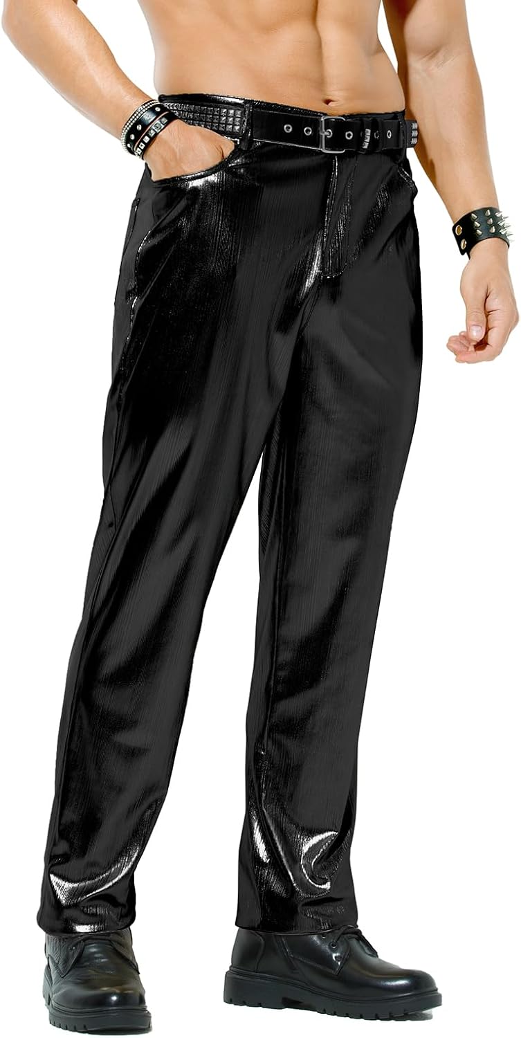 Arjen Kroos Men's Metallic Disco Shiny Pants Wedding Party Prom Straight Leg Trousers