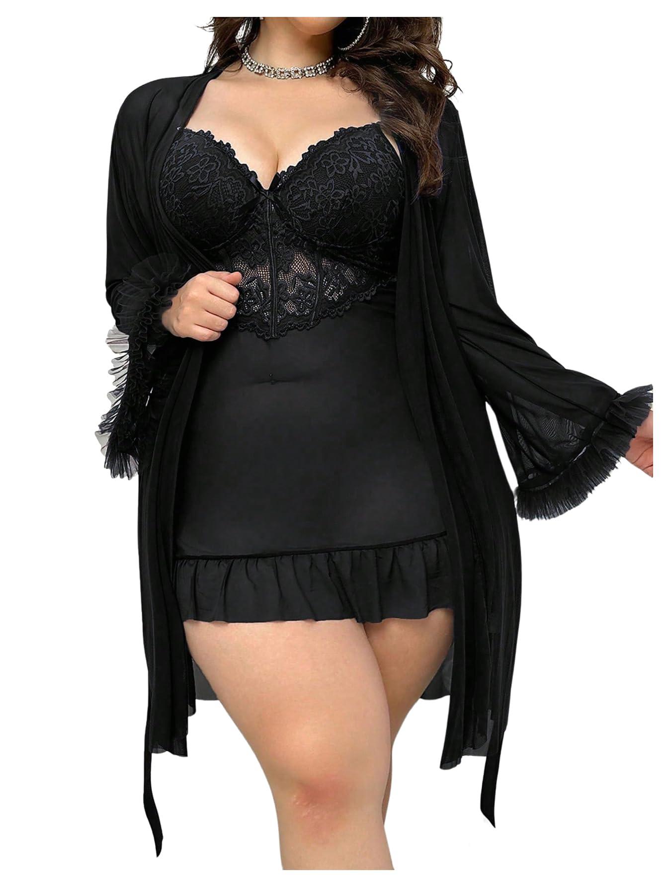 OYOANGLE Women's Plus Size 2 Piece Lace Sheer Chemise Nightgown with Long Sleeve Robe Set Nightwear: 4X-Large Plus Black