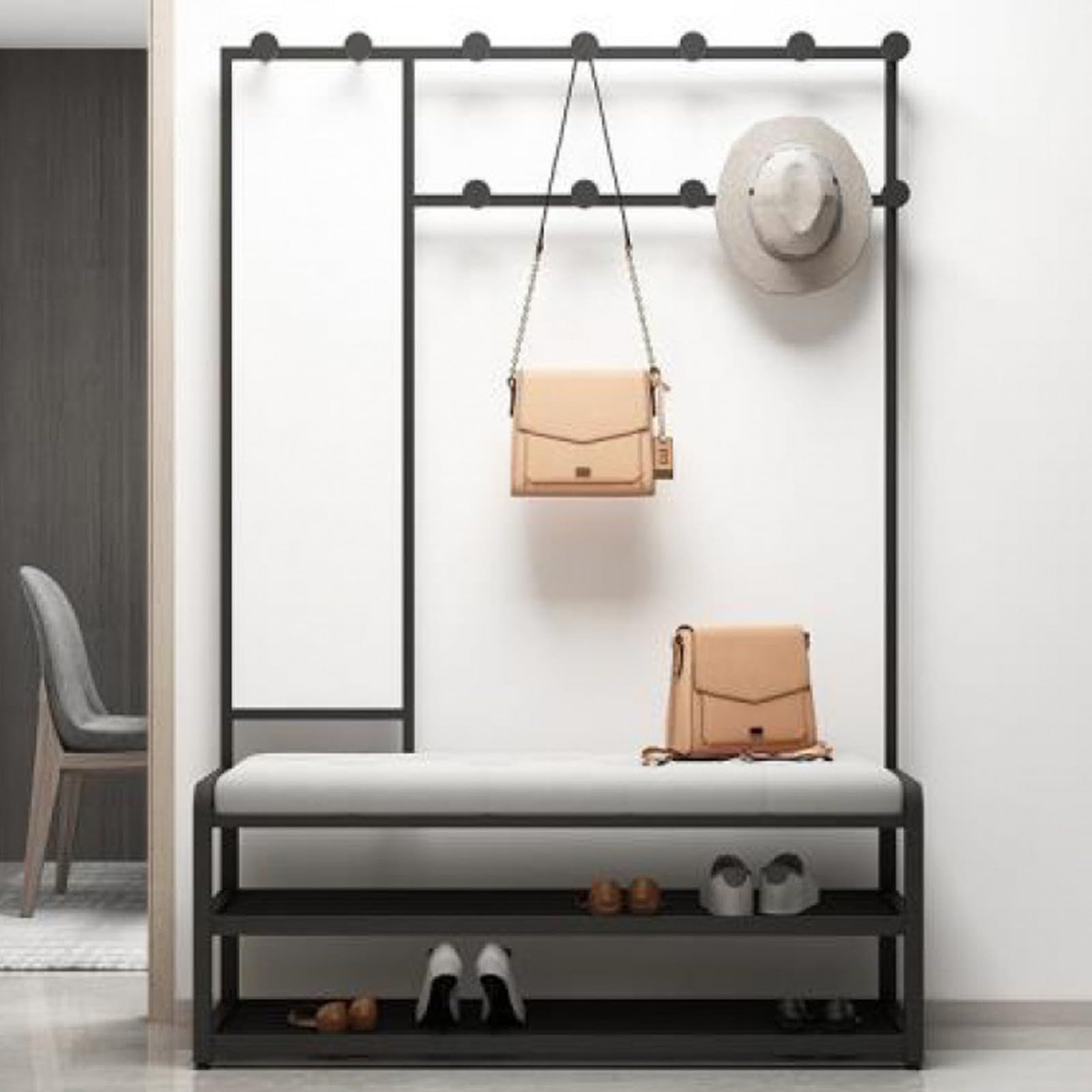 Perchero, Perchero, Banco para Zapatos con 12 Ganchos, Perchero con Banco, Banco con Organizador de Zapatos para Vestíbulo, Puerta de Entrada A,80 * 35 * 175CM