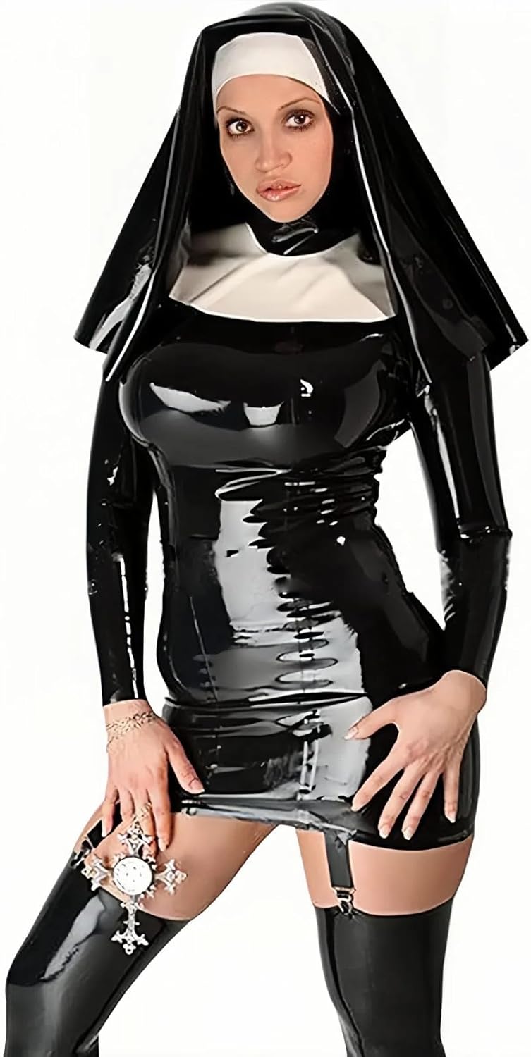 Womens Latex Nuns Queen Uniform Dress Garter Rubber Costumes with Hood Clubwear Customized